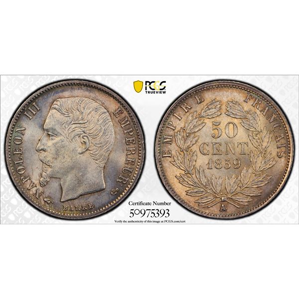 FRANCE: Napoleon III, 1852-1870, AR 50 centimes, 1859-A, PCGS MS65