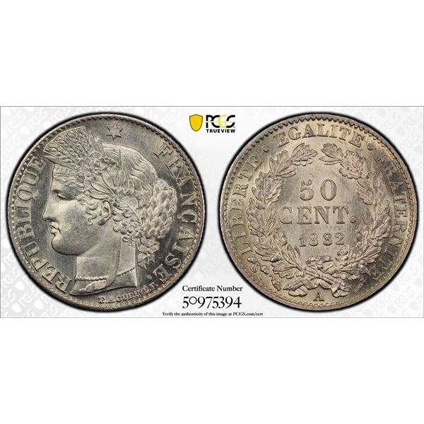 FRANCE: Third Repuiblic, AR 50 centimes, 1882-A, PCGS MS65