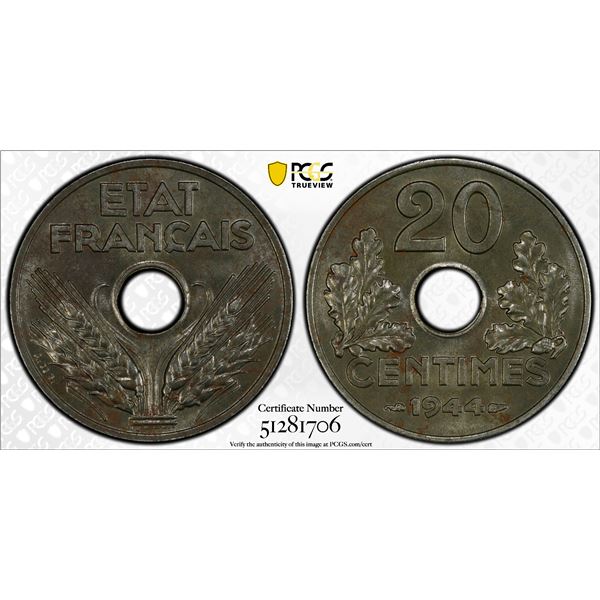 FRANCE: Vichy French State, 20 centaimes, 1944, PCGS MS62