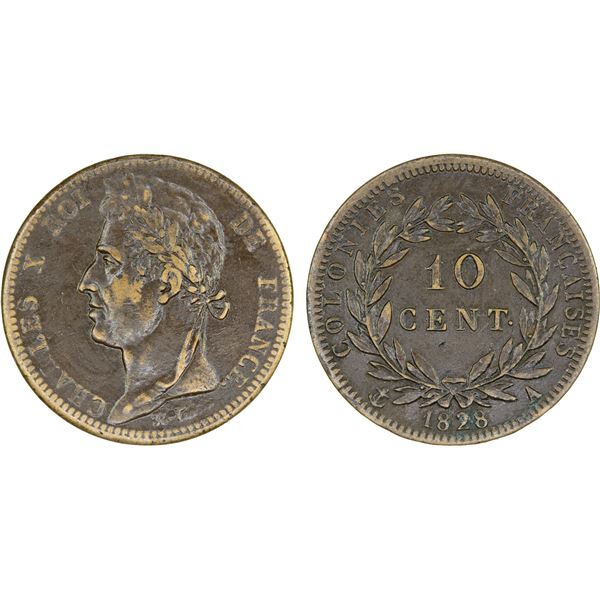 FRENCH COLONIES: Charles X, 1824-1830, AE 10 centimes, 1828-A, VF