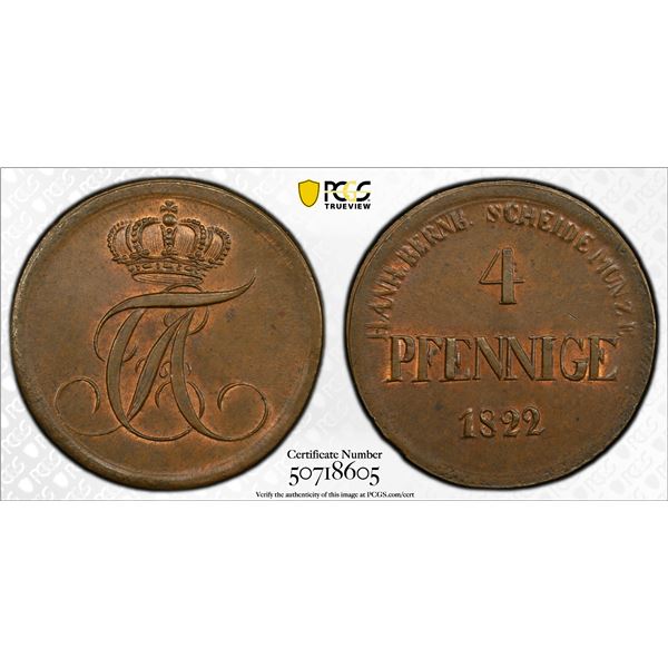 ANHALT-BERNBURG: Alexis Friedrich Christian, 1803-1834, AE 4 pfennig, 1822, PCGS MS64 BN