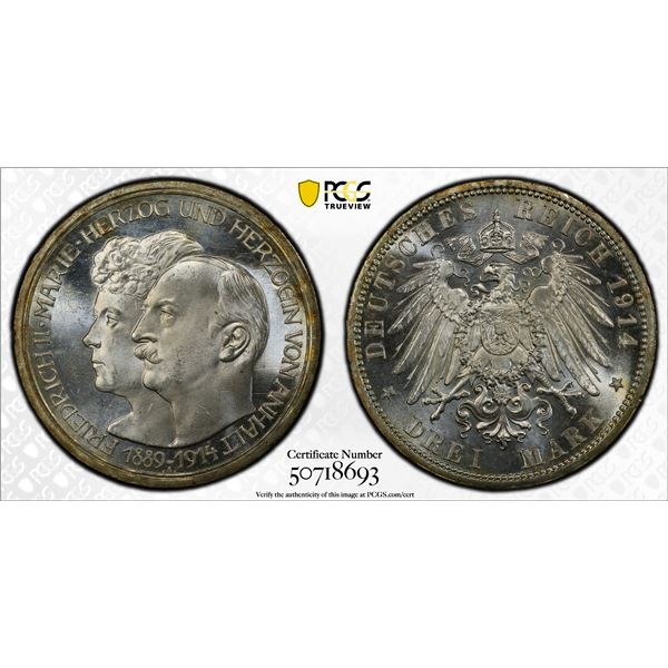 ANHALT-DESSAU: Friedrich II, 1901-1918, AR 3 mark, 1914-A, PCGS MS65
