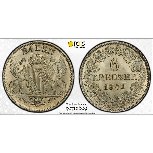 BADEN: Leopold I, 1830-1852, BI 6 Kreuzer, 1841, PCGS MS66