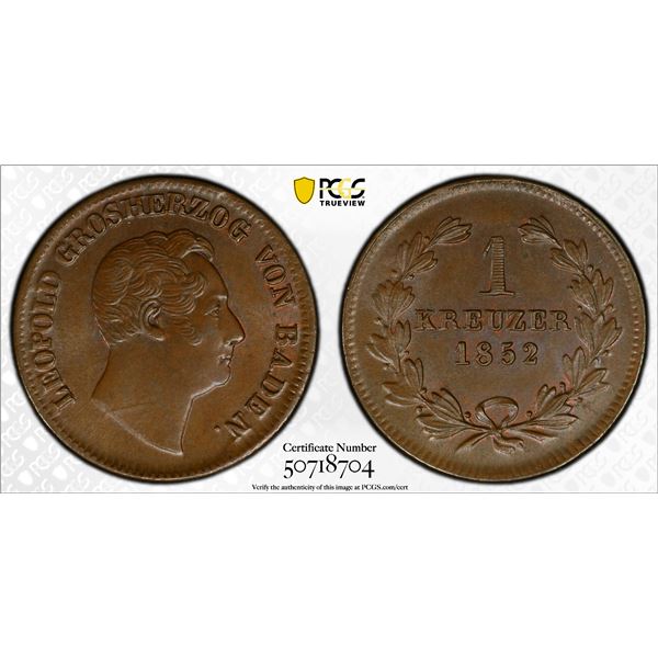BADEN: Leopold I, 1830-1852, AE kreuzer, 1852, PCGS MS64 BN
