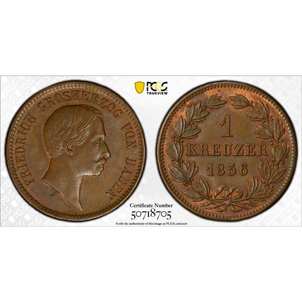 BADEN: Leopold I, 1830-1852, AE kreuzer, 1856, PCGS MS63 BN