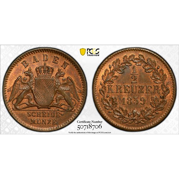 BADEN: Friedrich I, 1856-1907, AE 1/2 kreuzer, 1859, PCGS MS64 RB