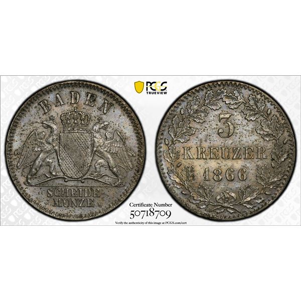 BADEN: Friedrich I, 1856-1907, BI 3 kreuzer, 1866, PCGS MS63
