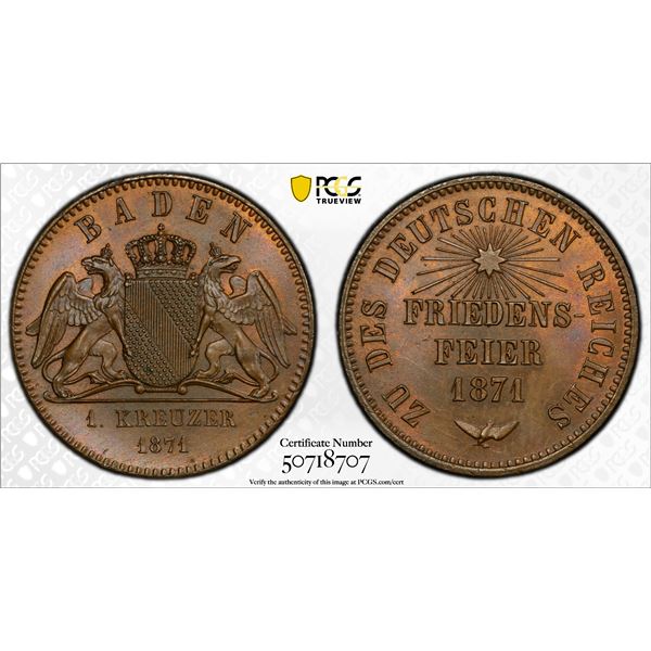 BADEN: Friedrich I, 1856-1907, AE kreuzer, 1871, PCGS MS65 BN