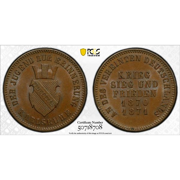 BADEN: Friedrich I, 1856-1907, AE kreuzer, 1871, PCGS MS63 BN