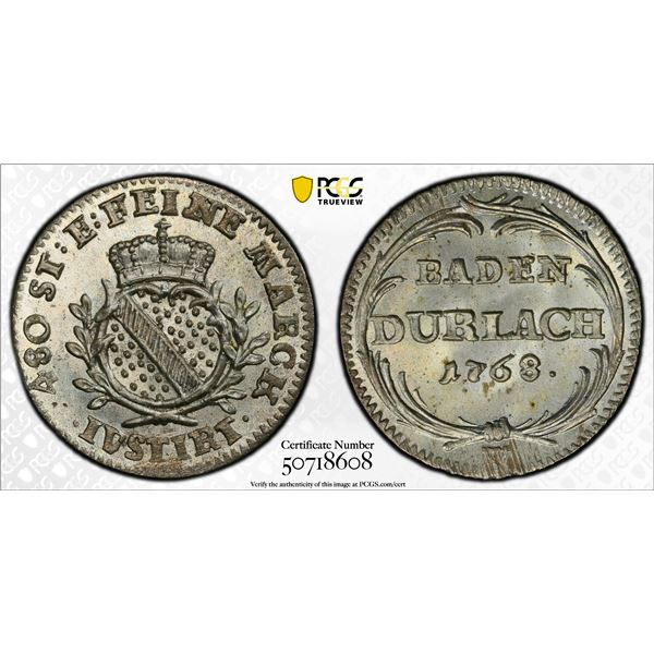 BADEN-DURLACH: Karl I Friedrich, 1738-1771, AR 2-1/2 kreuzer, 1768, PCGS MS66