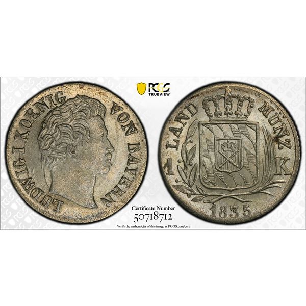 BAVARIA: Ludwig I, 1825-1848, BI kreuzer, 1835, PCGS MS66