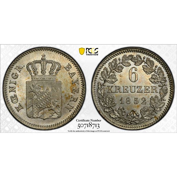 BAVARIA: Maximilian II, 1848-1864, BI 6 kreuzer, 1852, PCGS MS66