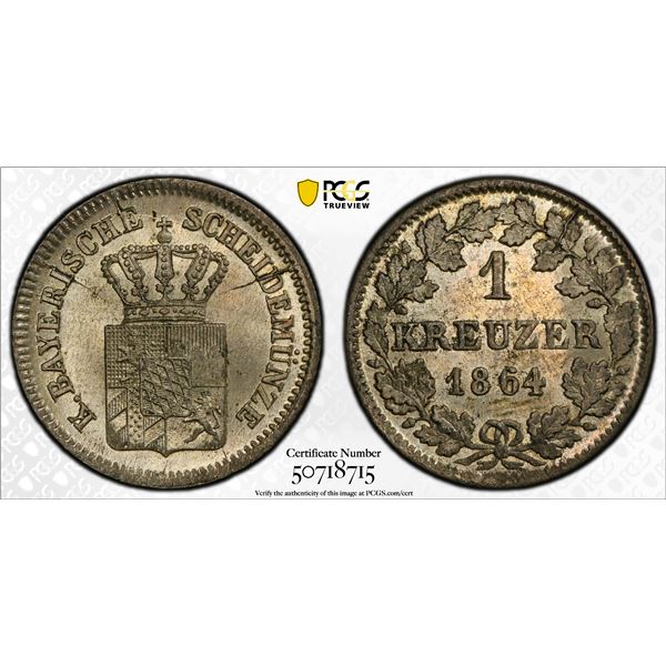 BAVARIA: Maximilian II, 1848-1864, BI kreuzer, 1864, PCGS MS64