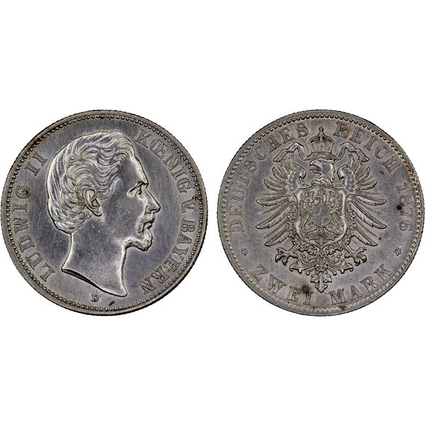 BAVARIA: Ludwig II, 1864-1886, AR 2 mark, 1876-D, AU