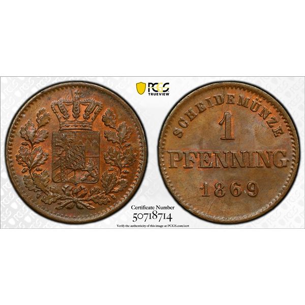 BAVARIA: Ludwig II, 1864-1886, AE pfennig, 1869, PCGS MS65 BN