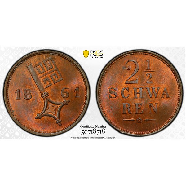 BREMEN: Free City, AE 2 1/2 schwaren, 1861, PCGS MS65 RB
