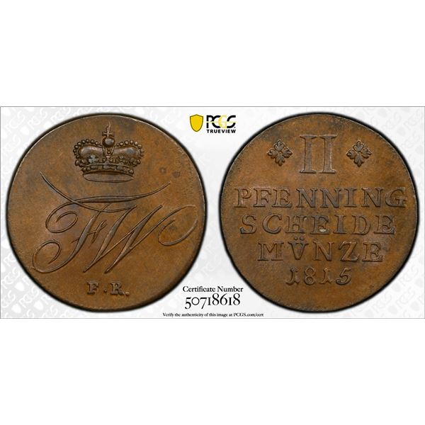 BRUNSWICK-WOLFENBÜTTEL: Friedrich Wilhelm, 1806-1807 and 1813-1815, AE 2 pfennig, 1815, PCGS MS65 BN