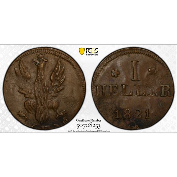 FRANKFURT AM MAIN: Free City, AE heller, 1821-F, PCGS MS62 BN