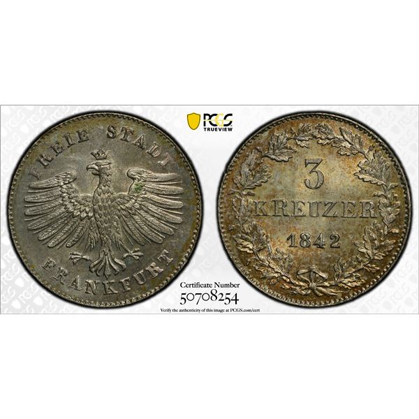 FRANKFURT AM MAIN: Free City, AR 3 kreuzer, 1842, PCGS MS65