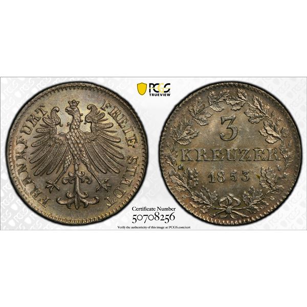 FRANKFURT AM MAIN: Free City, AR 3 kreuzer, 1853, PCGS MS65