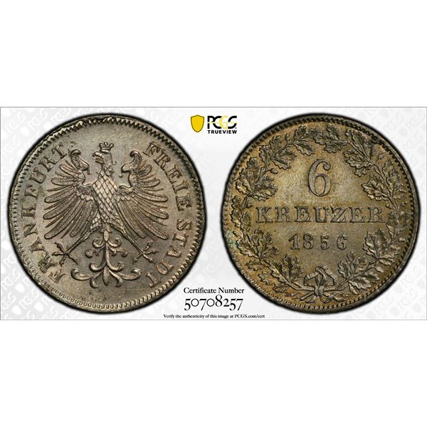 FRANKFURT AM MAIN: Free City, AR 6 kreuzer, 1856, PCGS MS65