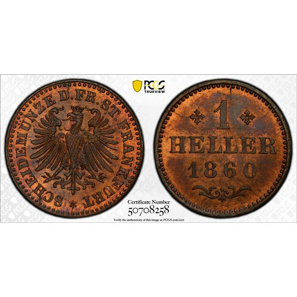 FRANKFURT AM MAIN: Free City, AE heller, 1860, PCGS MS64 RB