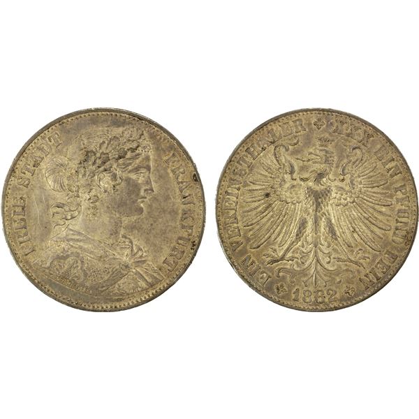 FRANKFURT AM MAIN: Free City, AR thaler (vereinsthaler), 1862, XF-AU