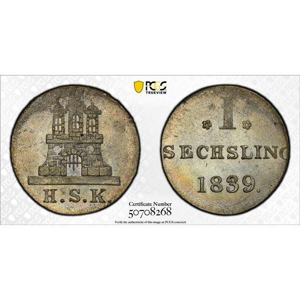 HAMBURG: Free Hanseatic City, AR sechsling, 1839, PCGS MS65
