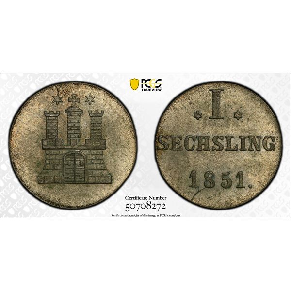 HAMBURG: Free Hanseatic City, AR sechsling, 1851, PCGS MS65