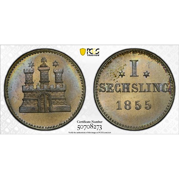 HAMBURG: Free Hanseatic City, AR sechsling, 1855, PCGS MS63