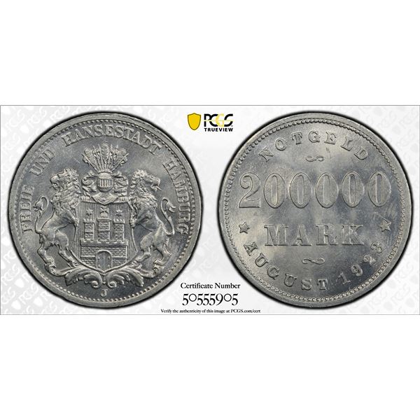 HAMBURG: Free Hanseatic City, 200,000 mark, 1923, PCGS MS65