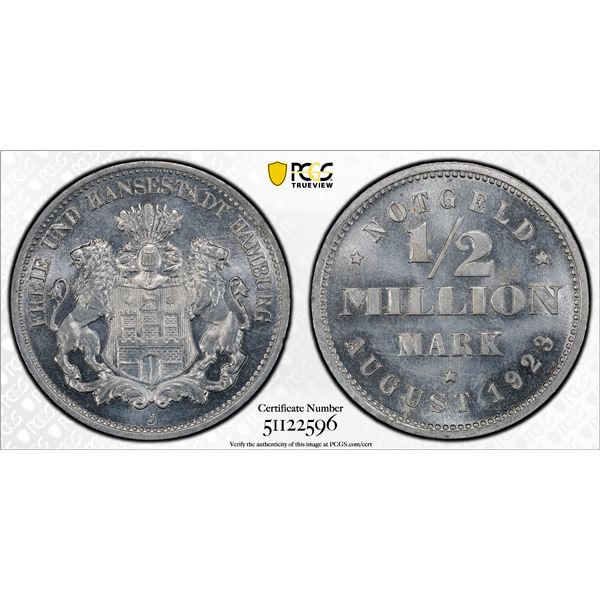 HAMBURG: Free Hanseatic City, 500,000 mark, 1923-J, PCGS MS64