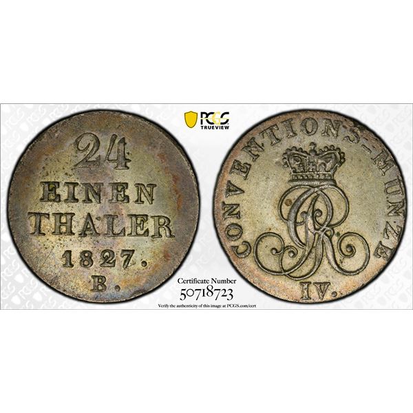 HANOVER: George IV, 1820-1830, BI 1/24 thaler, 1827, PCGS MS63