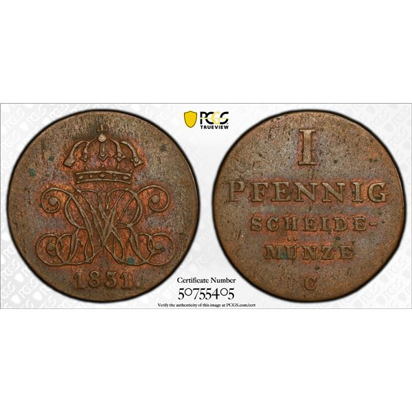 HANOVER: William IV, 1830-1837, AE pfennig, 1831/30-C, PCGS AU55