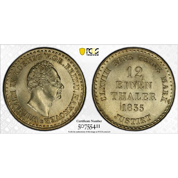 HANOVER: William IV, 1830-1837, AR 1/12 thaler, 1835-B, PCGS MS62