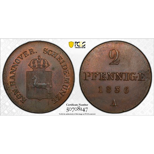 HANOVER: William IV, 1830-1837, AE 2 pfennig, 1836, PCGS MS64 BN