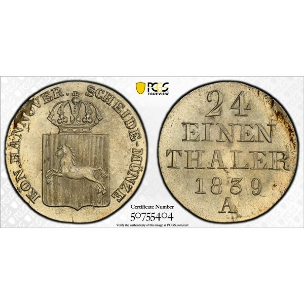 HANOVER: Ernst August I, 1837-1851, BI 1/24 thaler, 1839-A, PCGS MS64