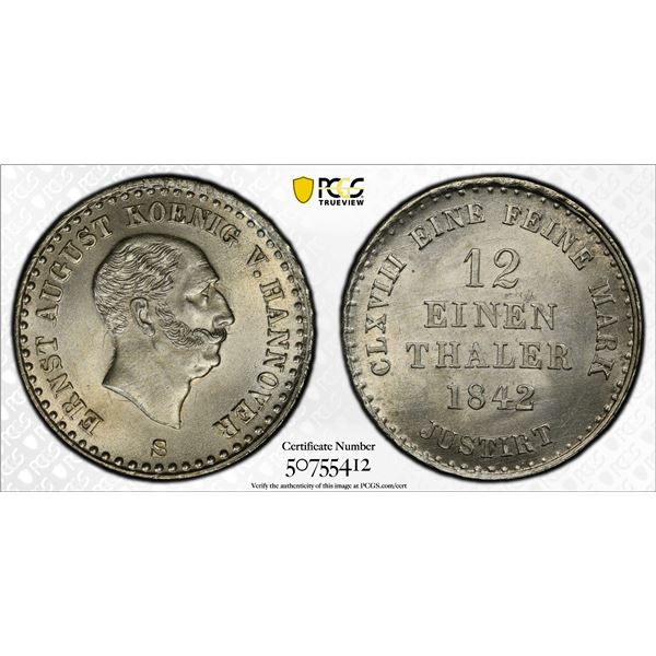 HANOVER: Ernst August I, 1837-1851, AR 1/12 thaler, 1842-S, PCGS MS64
