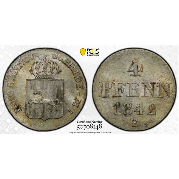 HANOVER: Ernst August I, 1837-1851, AR 4 pfennig, 1842, PCGS MS64