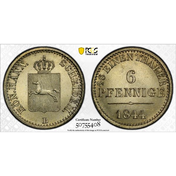 HANOVER: Ernst August I, 1837-1851, BI 6 pfennig, 1844-B, PCGS MS65