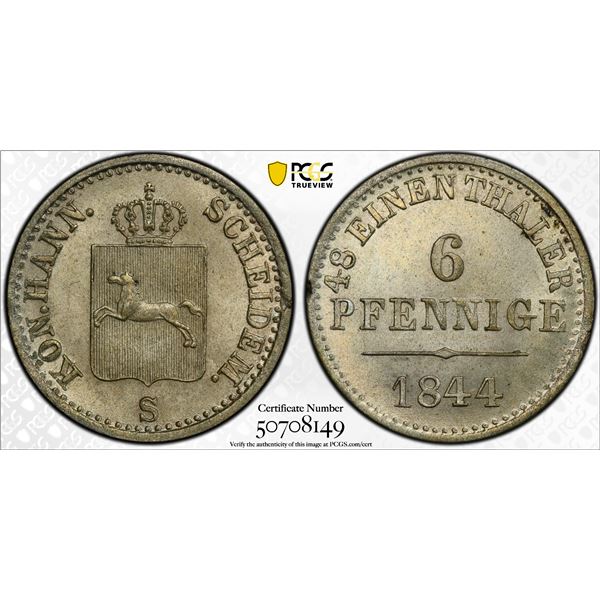 HANOVER: Ernst August I, 1837-1851, AR 6 pfennig, 1844, PCGS MS65