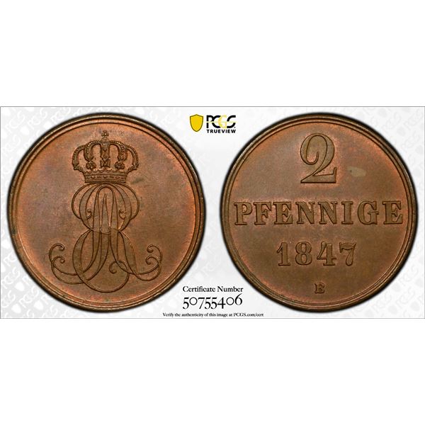 HANOVER: Ernst August I, 1837-1851, AE 2 pfennig, 1847-B, PCGS MS64 BN