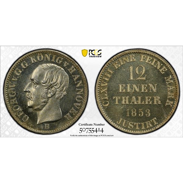 HANOVER: George V, 1851-1866, AR 1/12 thaler, 1853-B, PCGS MS65