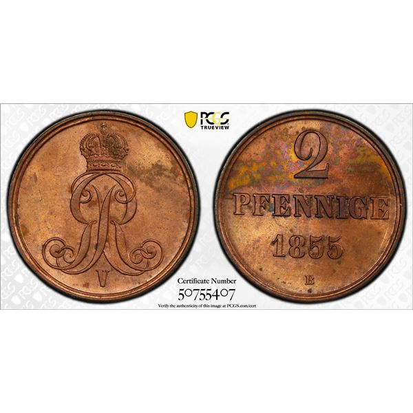 HANOVER: George V, 1851-1866, AE 2 pfennig, 1855, PCGS MS63 RB