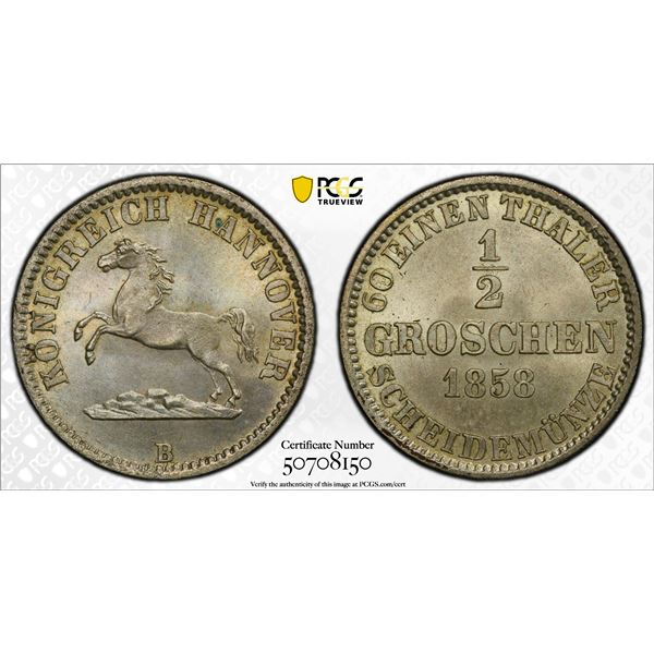 HANOVER: George V, 1851-1866, AR 1/2 groschen, 1858, PCGS MS65