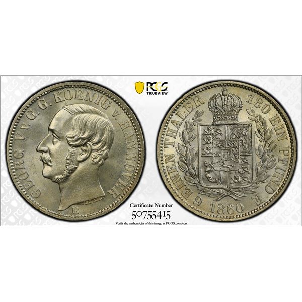 HANOVER: George V, 1851-1866, AR 1/6 thaler, 1860-B, PCGS MS65