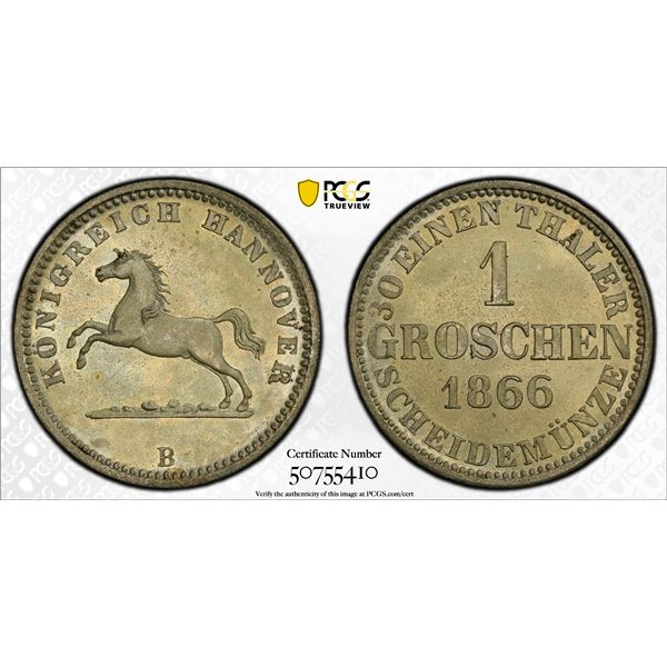 HANOVER: George V, 1851-1866, BI groschen, 1866-B, PCGS MS64