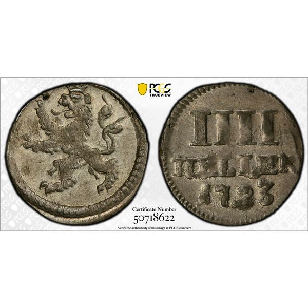 HESSE-CASSEL: Karl I, 1670-1730, BI 4 heller, 1723, PCGS MS62
