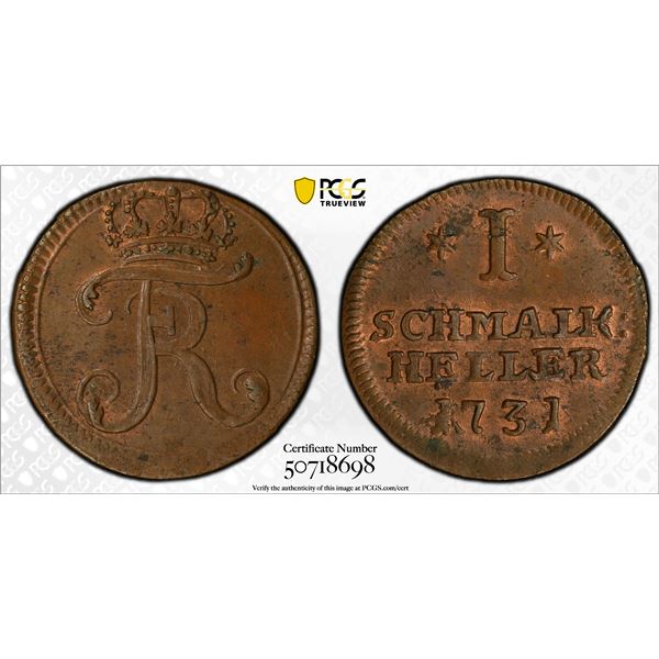 HESSE-CASSEL: Friedrich I, 1730-1751, AE heller, Schmalkalden, 1731, PCGS MS63 BN