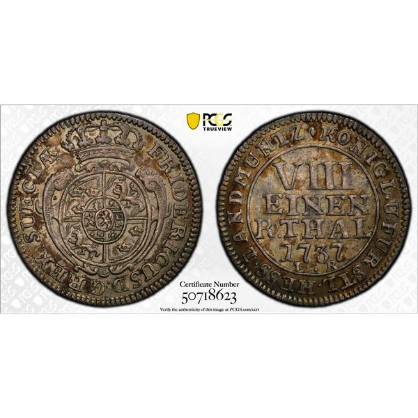 HESSE-CASSEL: Friedrich I, 1730-1751, BI 1/8 thaler, 1737, PCGS MS62